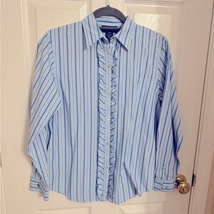 Lauren Ralph Lauren Blue Striped Ruffle Button Down Women’s Size Small